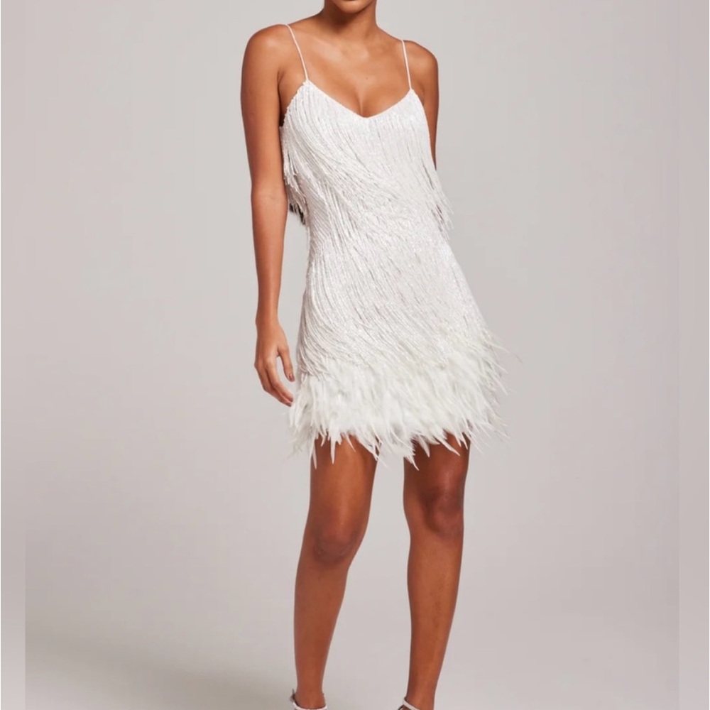NADINE MERABI Beaded & Feathered Mini Dress